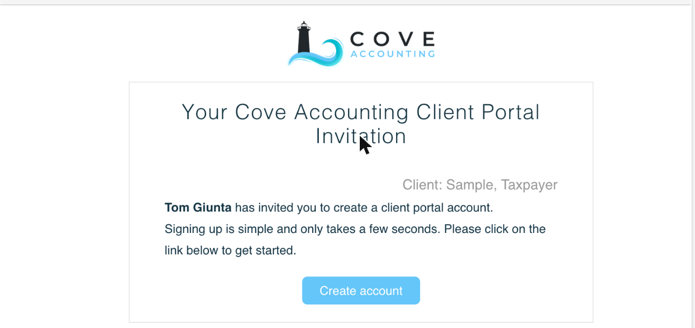 The portal invitation email, showing the Create account button