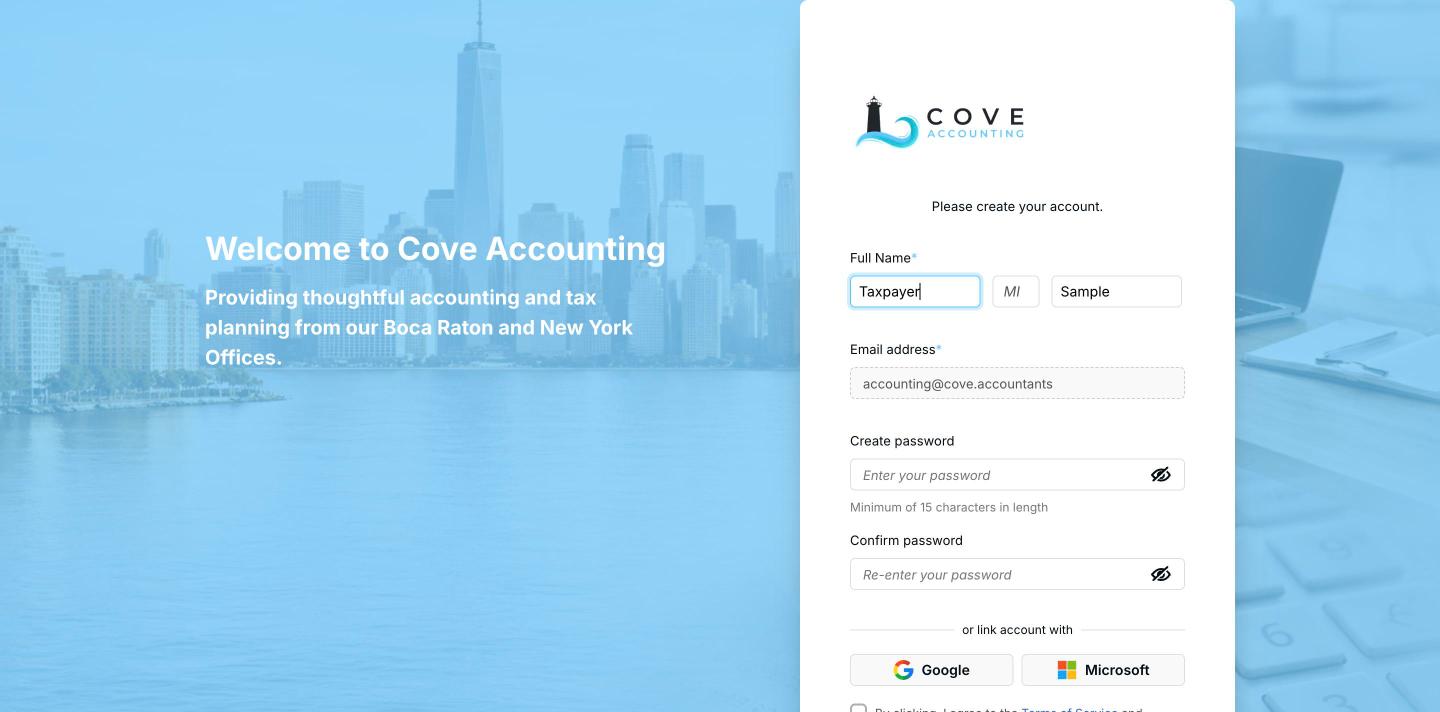 The create account form with name, email and password fields