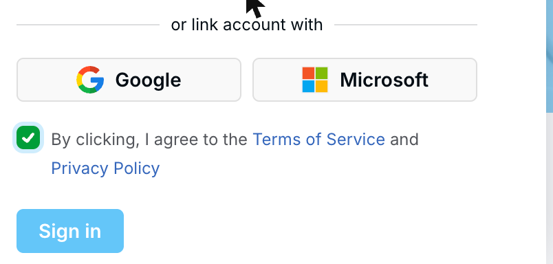 The Google and Microsoft linking buttons, terms checkbox, and Sign in button