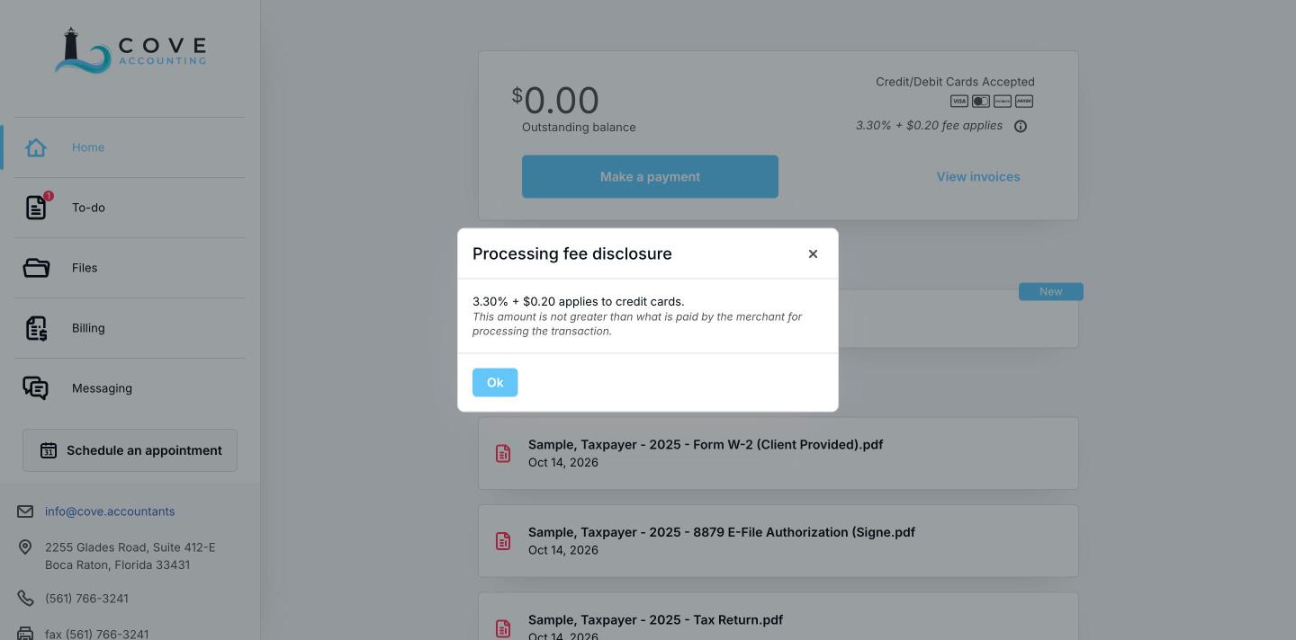 The processing fee disclosure that appears at first login