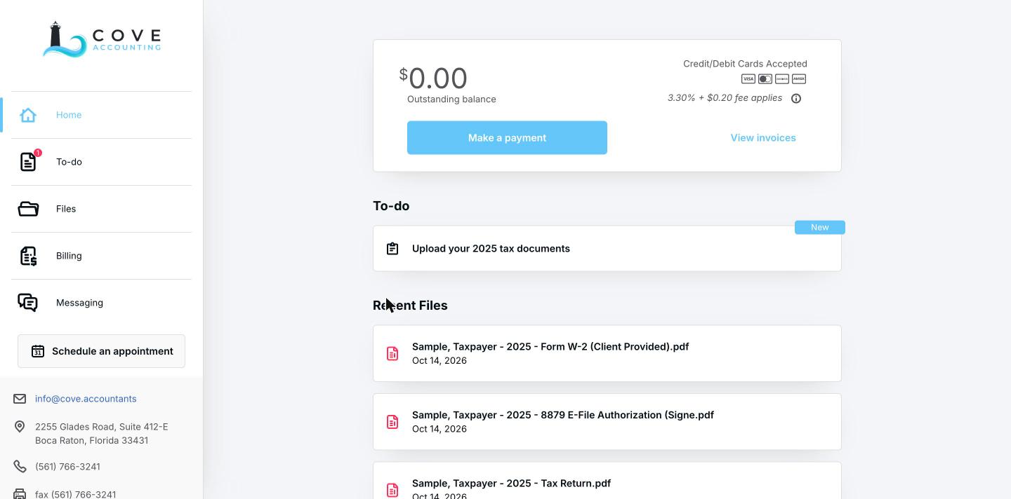 The portal dashboard showing balance, to-do list and recent files
