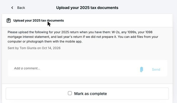An open request showing the detailed list of documents needed, a comment box, and Mark as complete