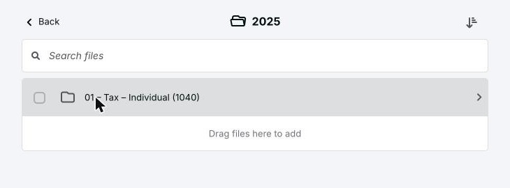 Inside the 2025 folder, showing the individual tax engagement folder