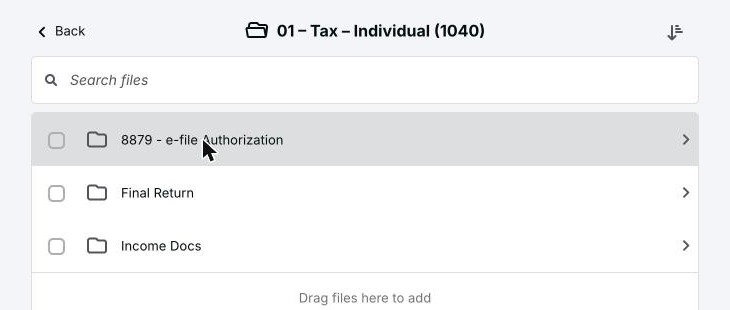 Inside the tax folder: 8879 e-file Authorization, Final Return and Income Docs