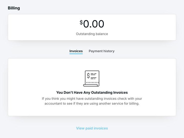 The Billing screen showing outstanding balance, invoices and payment history tabs
