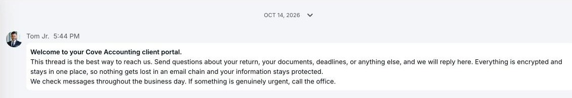 A message thread in the portal with a welcome message from the firm